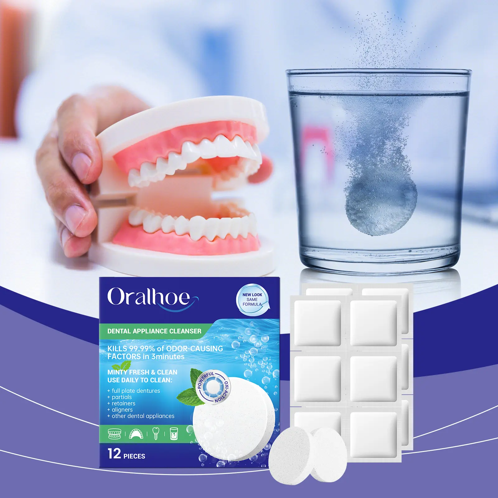 Dental Implant Cleaning Tablets, Glowing White Dental Implants, Fresh Breath Oral Care Cleaning Tablets Cleansing