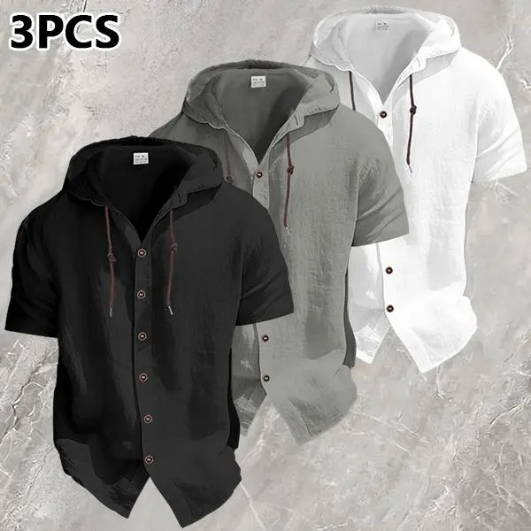 Men's Linen Hooded Short Sleeve Shirt - Casual Button-Down Summer Top with Drawstring, Breathable & Lightweight for Beach, Travel, Everyday Wear (Black, S-XXXL)