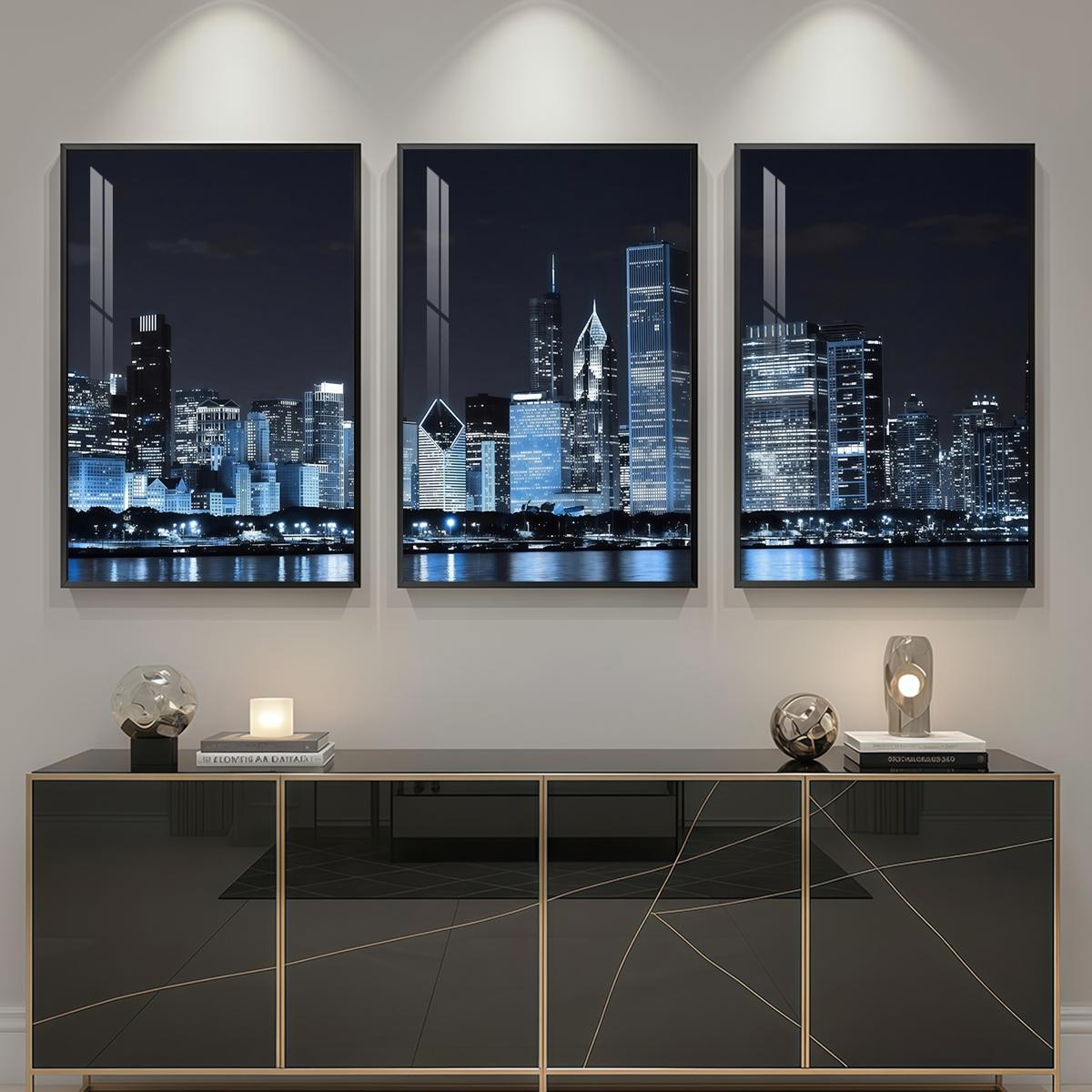 3 Count Aluminum Alloy Frame Canvas， City Night Skyline Fashion Poster， Modern Living Room Decoration， Light Luxury Family Art， Suitable For Bedroom， Corridor And Office Wall Decor， Gift