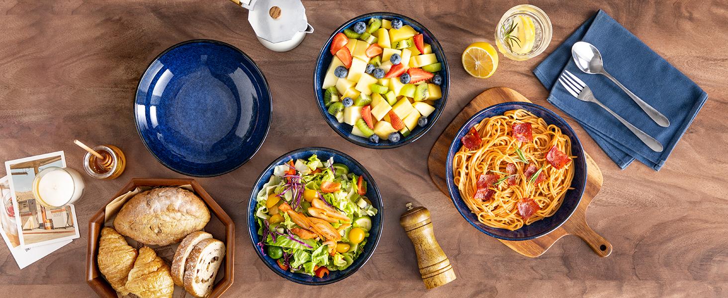 vancasso Stern Large Pasta Bowls Set of 4, 38 Oz Ceramic Salad Plate Bowls for Serving, Kitchen Stoneware Wide Bowls for Soup, Pasta, Salad, Cereals, Microwave Oven Safe Saladbowl Durable Kitchenware Dinnerware Tableware