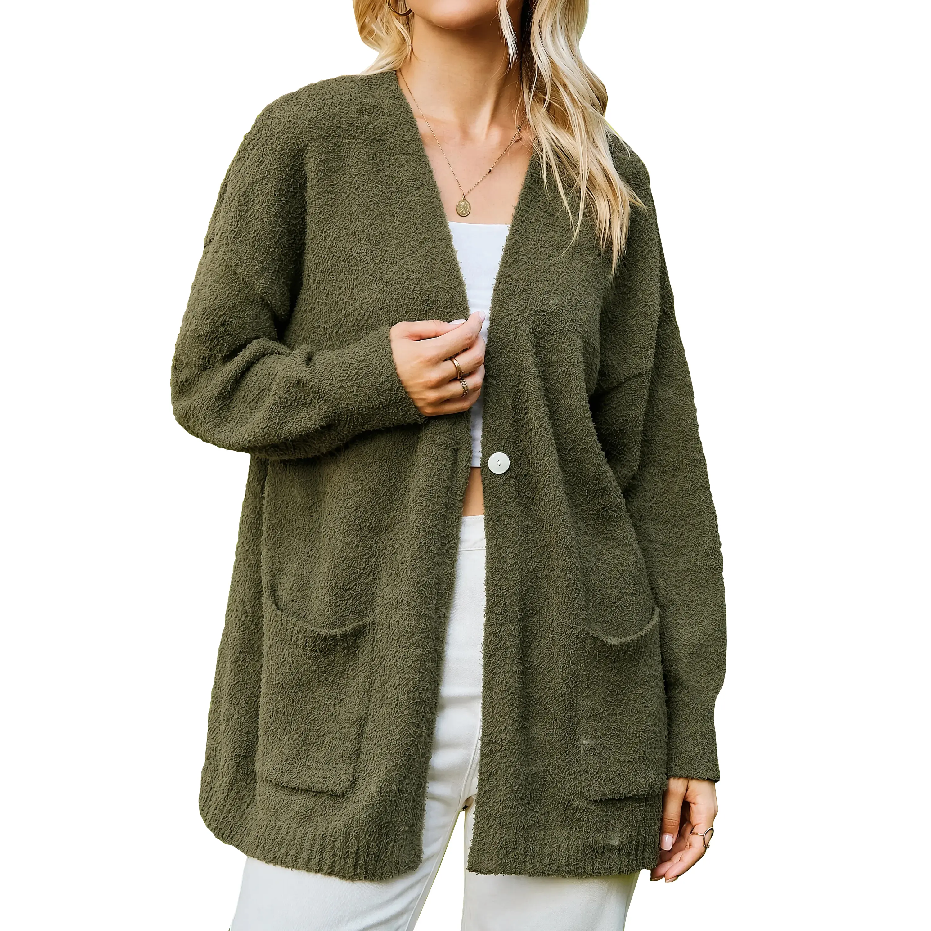 AUSELILY Women's Long Slevee Sweater Button Cardigan Knitwear Tops Knitting with Pocket