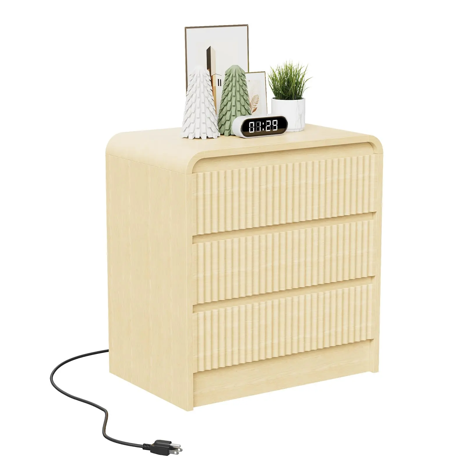 Fluted Nightstand with Charging Station and 3 Drawers, Modern Bedside Table with Curved Waterfall Design, Wood Storage Cabinet with USB, Type-c and AC Outlets for Bedroom