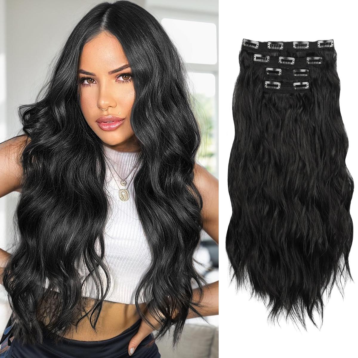 Auvzy Curled Hair Clip in Extensions 24 Inch Full Head Synthetic Hairpieces 4PCS Lightweight Lace Net Tangle-Free Stylish Long Wavy Hairpieces for Women TikTokShopBlackFriday