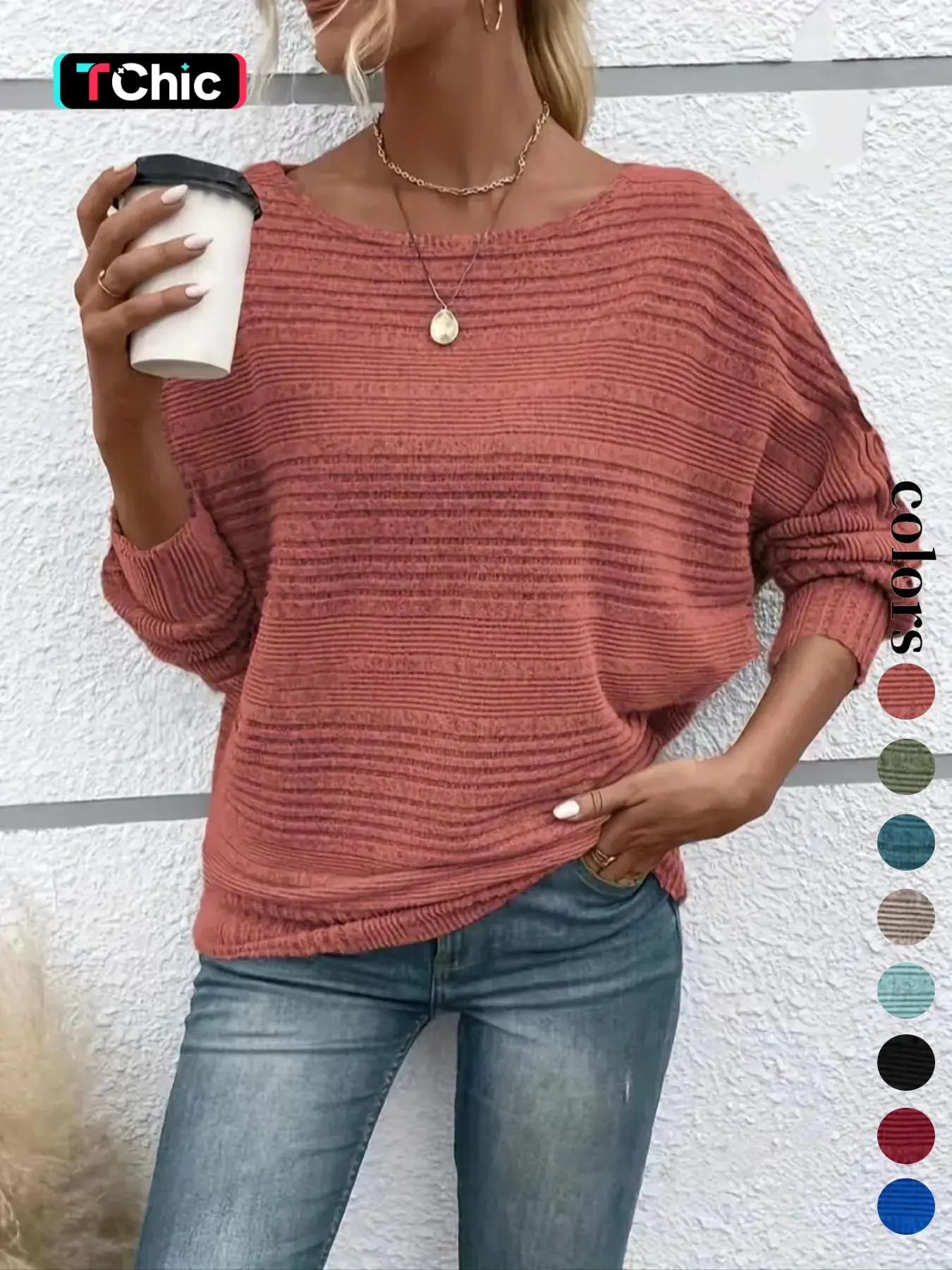Women's Plain Round Neck Batwing Sleeve Tee, Casual Long Sleeve Crew Neck T-shirt for Fall & Winter, Fashion Ladies' Knit Clothing for Daily Wear