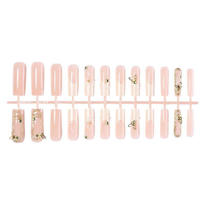 Nude Sheer French Press On Nails, 3D Milky White Shell Texture Carving, Gold Outline Wire, Butterfly & Flower Accents with Green Rhinestones and Pearls, Luxurious Elegant Long Trapezoid Removable False Nails with Jelly Glue and Nail File