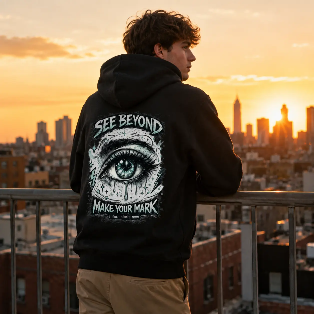 Men's See Beyond Graphic Hoodie, Inspirational Eye Print Pullover Sweatshirt, Vintage Streetwear Hoodie for Outdoor Adventures, Casual Everyday Wear and Unique Gift Ideas