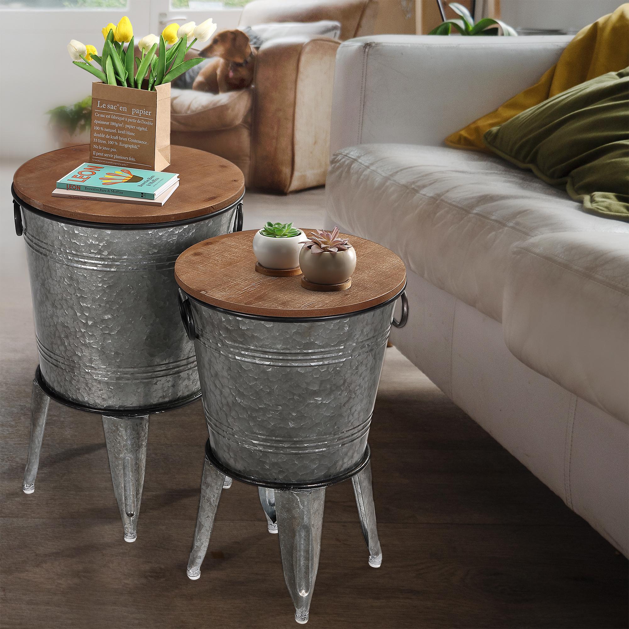 PieDle Farmhouse Accent Side Table, Rustic Storage Ottoman Seat Stool, Galvanized Antique Metal End Table Box Bin with Wood Lid, Coffee or Cocktail Table,Nesting Pieces Two