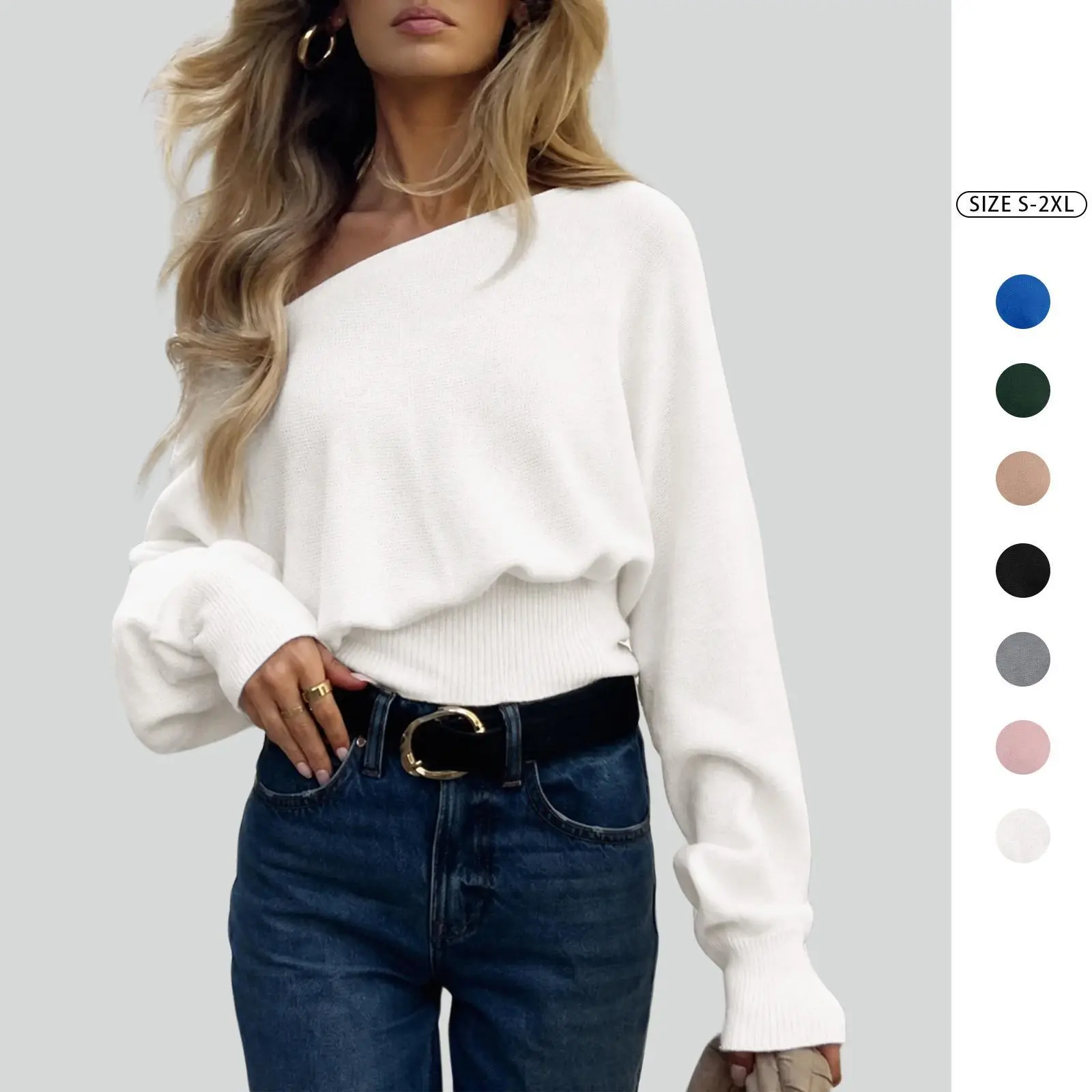 Imily Bela Women's Off Shoulder Sweater  Long Sleeve Knit Top Casual Fall/Winter Slouchy Cinched Waist Pullover Jumper