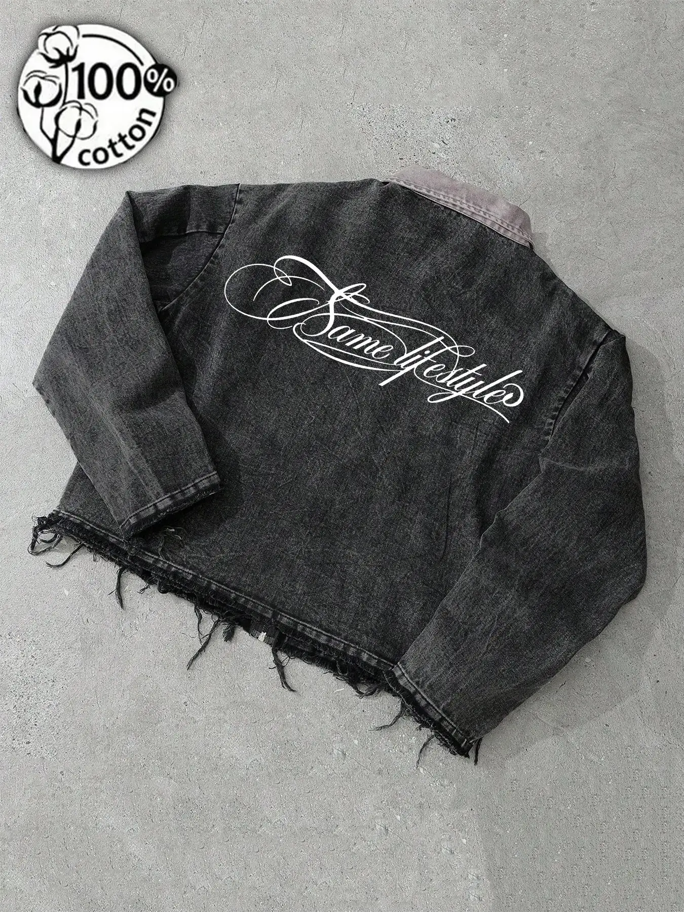 Men's Vintage Washed Black Script Print Denim Jacket, Loose Casual Jacket, Raw Hem Oversized Button Up Streetwear Coat for Fall and Winter