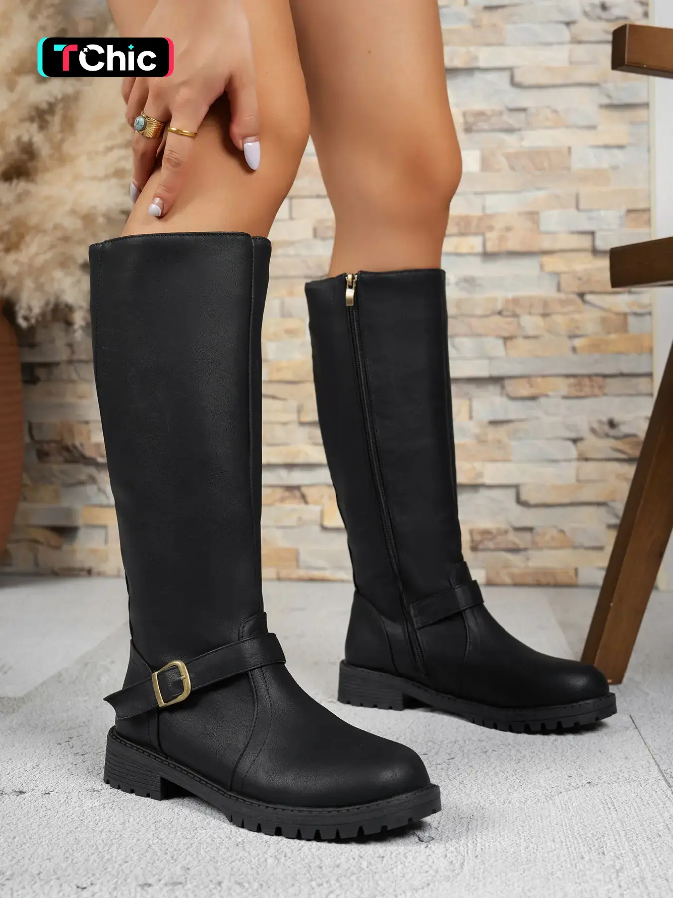 Women's Fashion Low Heel Long Boots, Casual Western Cowboy Boot Motorcycle Style, Round Toe Zipper Design, Perfect for Daily Wear, Boots Heels, Footwear