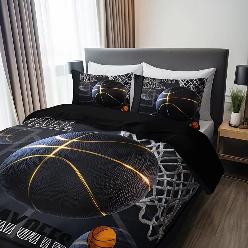 3pc Slam Dunk Pattern Bedding Set, Basketball Letter Print Duvet Cover Set, includes 1 duvet cover and 2 pillowcases, suitable for single, double, and king-size beds, available in multiple sizes.  Ideal for bedrooms, guest rooms, dormitories, and hotels