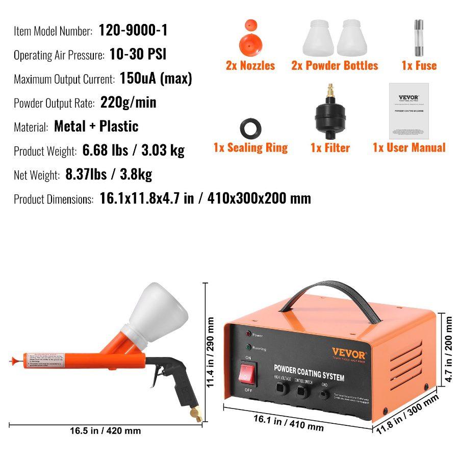 VEVOR Powder Coating System, 50KV Electrostatic Output Powder Coating Kit with Foot Switch, Spray Gun, Nozzles and Powder Cups, Powder Coating Equipment for Home DIY and Commercial Production VEVOR Powder Coating System, 50KV Electrostatic Output Powder Coating Kit with Foot Switch, Spray Gun, Nozzles and Powder Cups, Powder Coating Equipment for Home DIY and Commercial Production