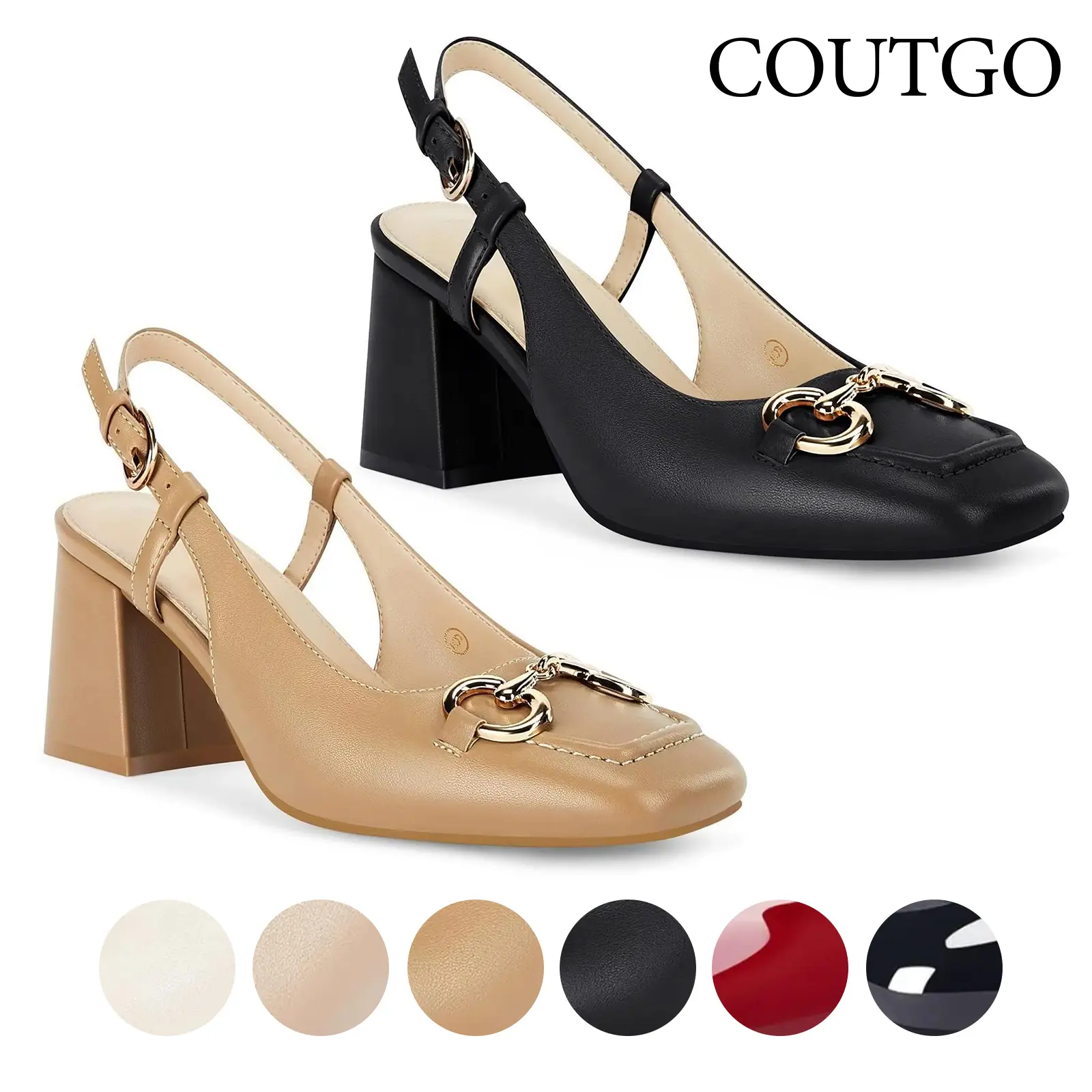 Coutgo Womens Slingback Block Heels Closed Square Toe Dress Work Shoes Slip on Buckle Strap Business Pumps tiktokshopbacktoschool