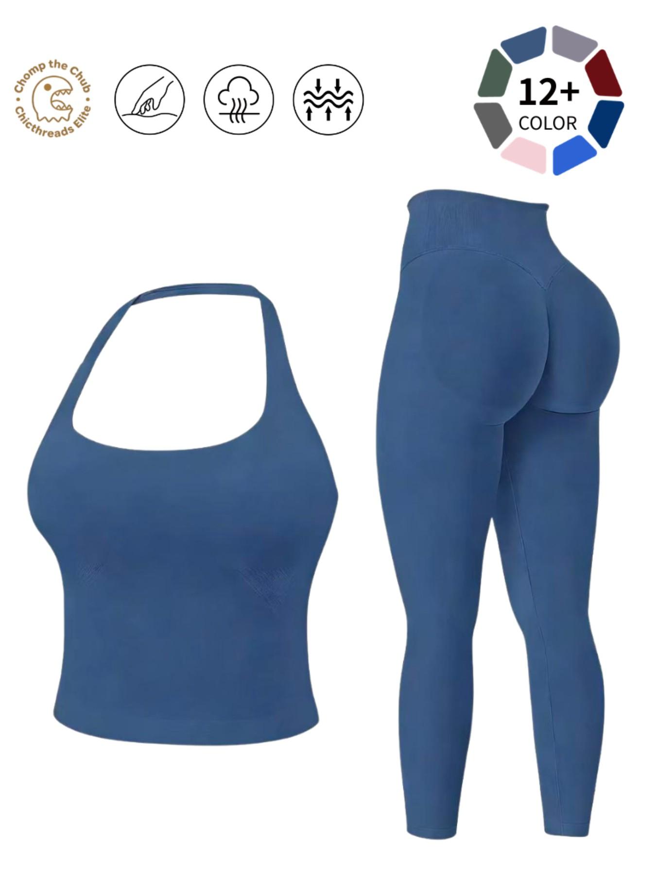 Halter Neck Backless Yoga Set - 12+ Colors, Seamless 2-Piece Workout Outfit with Butt Lifting Leggings, Buttery Soft & Squat-Proof for Gym, Yoga & Everyday Wear, Backless Gym Clothes, Workout Sets, Seamless Sport Clothing