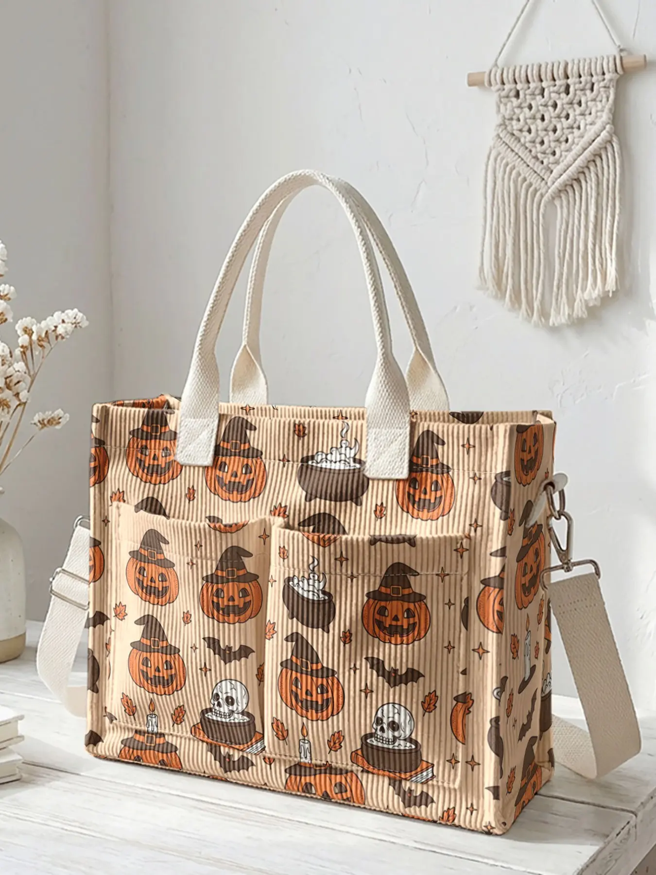 Halloween Pumpkin Skull Print Travel Bag, Large Capacity Durable Crossbody Shoulder Bag, Multi-Pocket Design for Work Shopping Picnic