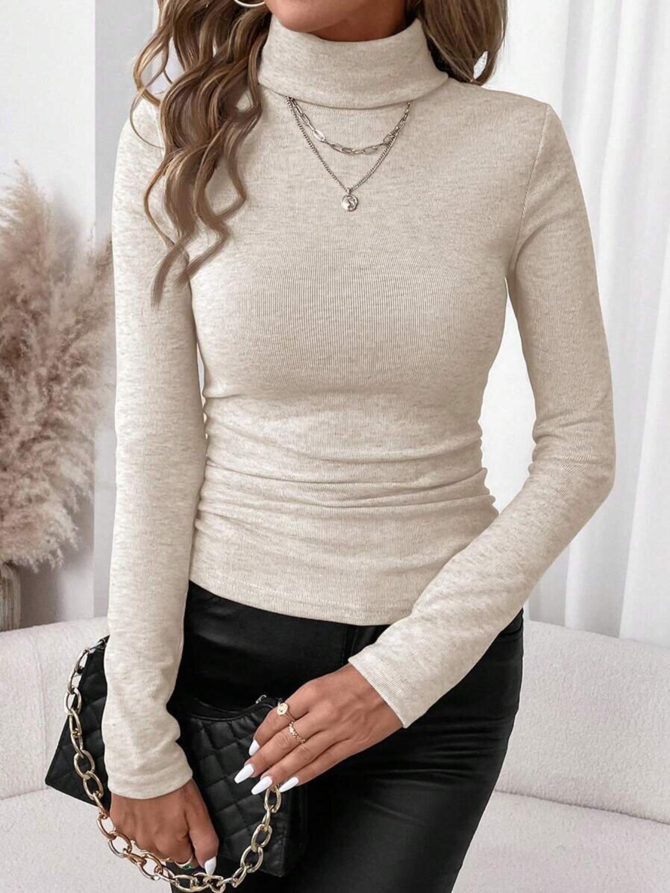 Women's Thick High Neck Long Sleeve T-Shirt, Fashion Wrinkled Waist Design, Casual Daily Wear & Layering Top for Fall Winter Women's Thick High Neck Long Sleeve T-Shirt, Fashion Wrinkled Waist Design, Casual Daily Wear & Layering Top for Fall Winter