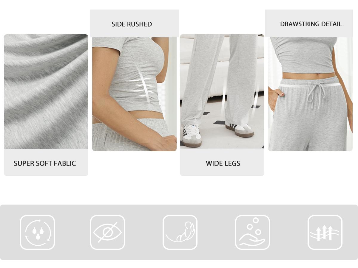 FireSwan Women's Solid Short Sleeve Two Piece Set, Drawstring Wide Leg Sweatpants Ruched Crop Top Matching Set Casual Outfits Pajamas，Ladies Fall Matching Sets Going Out