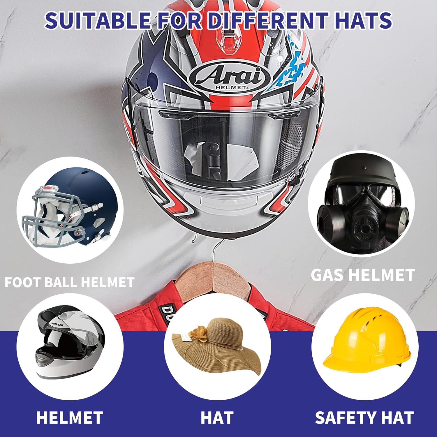 Helmet Stand with Hooks, Hat Rack, Hook Storage Rack, Wall-Mounted Motorcycle Helmet Display Holder, 180 Degree Key Ring Hook, Living Room Accessory