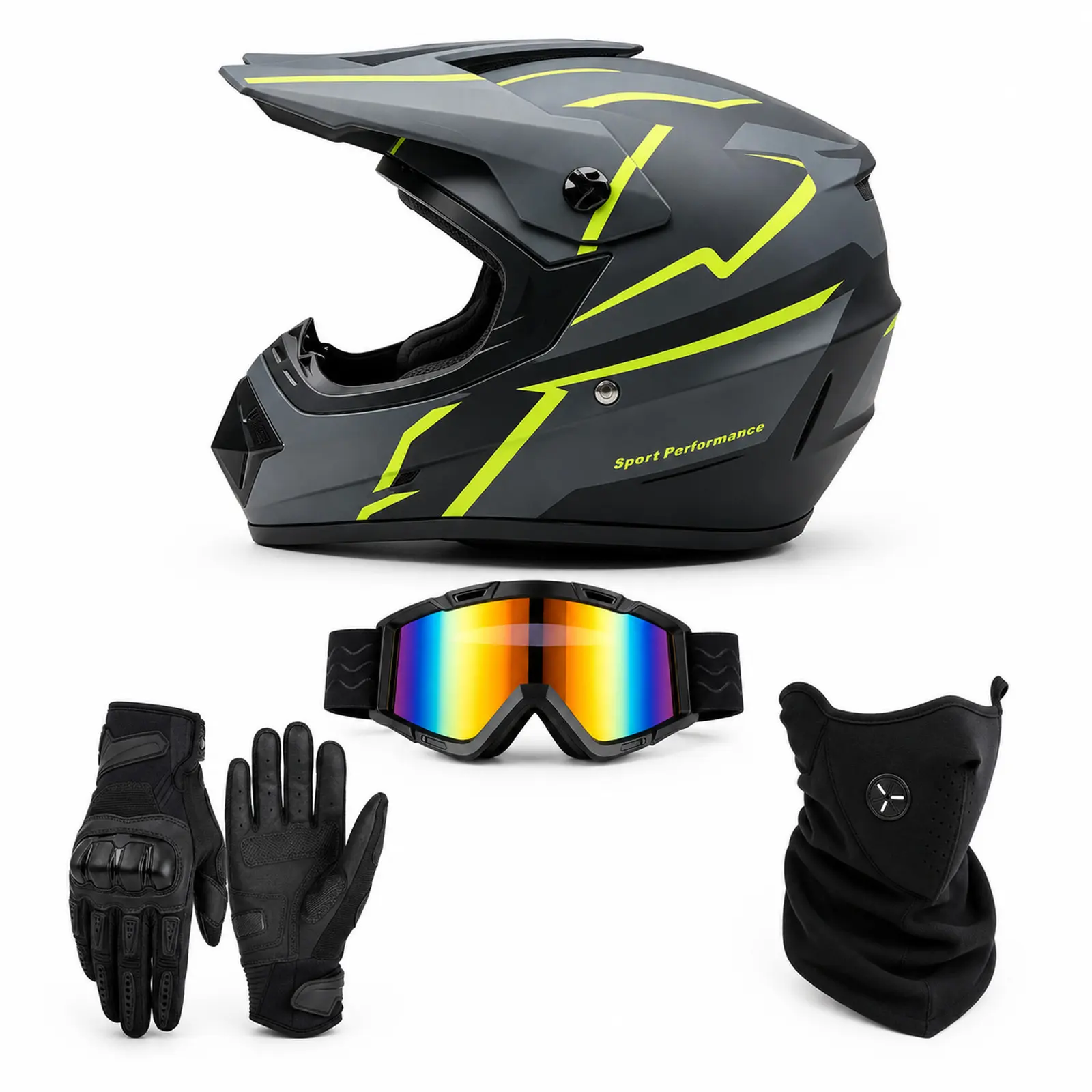 215 Full-Face ATV Helmet, 52-59cm, S-XL Sizes, Matte Black with Stripes, 4-Piece Kit for Teens and Adults