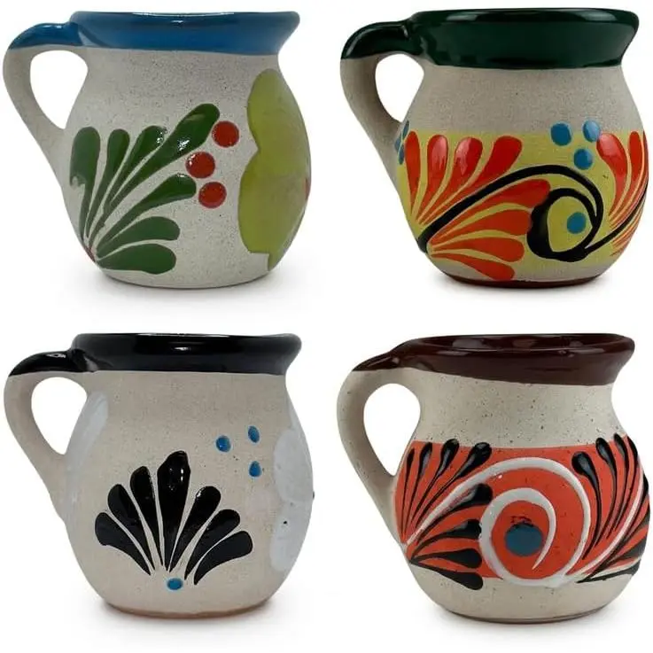 Mexican Artesania Clay Mugs Set of 4 - 13 fl oz Durable Modern Kitchen Drinkware, Tazas de Barro
