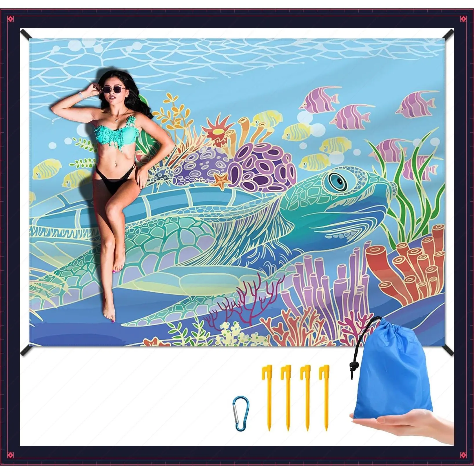 Large 83" X 106" Waterproof Sandproof Beach Blanket Mat for 3-5 Adults - Sand Free, Quick Drying, Lightweight & Durable with 4 Stakes & 4 Corner Pockets for Beach CampingGift