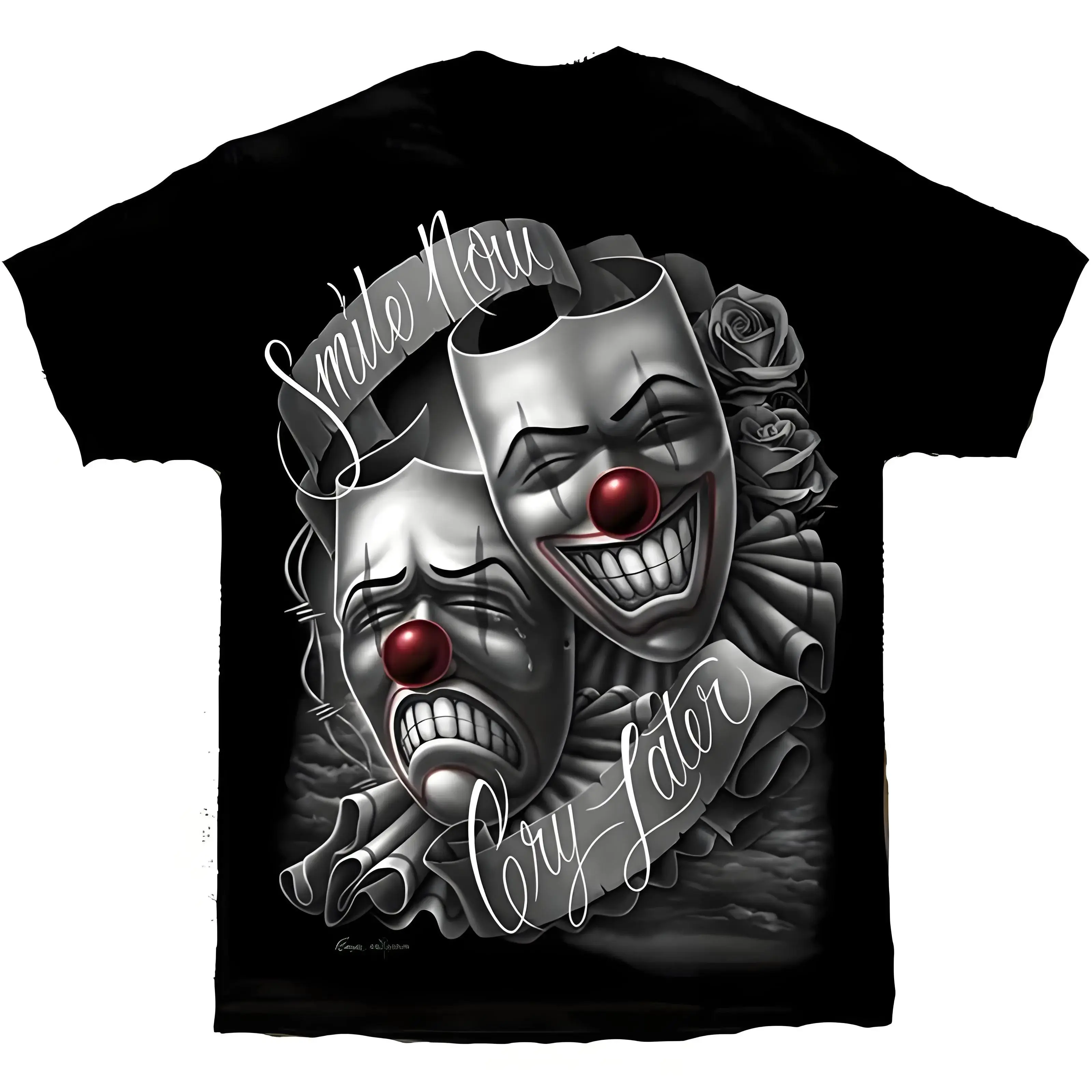 cotton]DGA drama mask Lowrider Chicano art smile Now Cry Later David Gonzales casual loose comfortable t-shirt Black Crewneck Top Womenswear