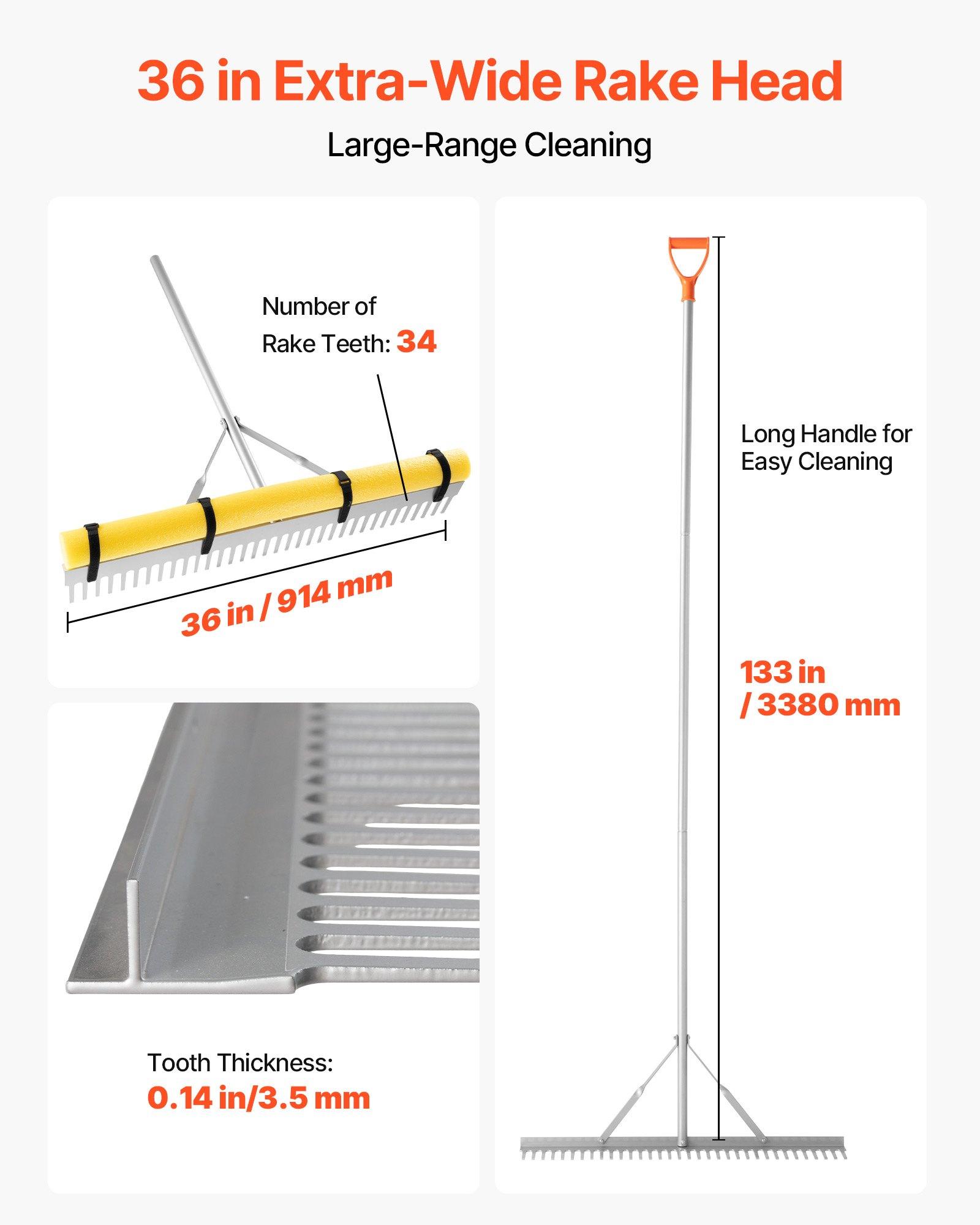 VEVOR Heavy Duty Aluminum Landscape Rake, 36 in Wide Head, 102 in Adjustable Handle Length, 52ft Rope, 5.07 lbs, 102.01x36x4.92 in Size, for Soil Loosening, Beach Care, Pond Maintenance