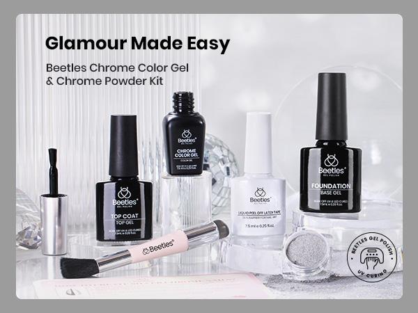Beetles All-In-One Chrome Nail Powder Kit, Silver Holographic Chrome Nail Powder with 7.5ML Black Color Gel Nail Polish, Base & Top Coat, Peel-Off Latex Tape & Silicone Nail Brush, Chrome Nail Set for DIY Nail Art, Perfect Gift for Women