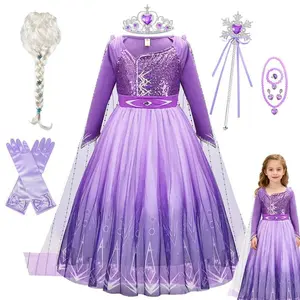 Purple Elsa Dress Girl Cosplay Princess Dress Birthday Party Gown Children Tulle Puffy Skirt Carnival Party Costume Accessories