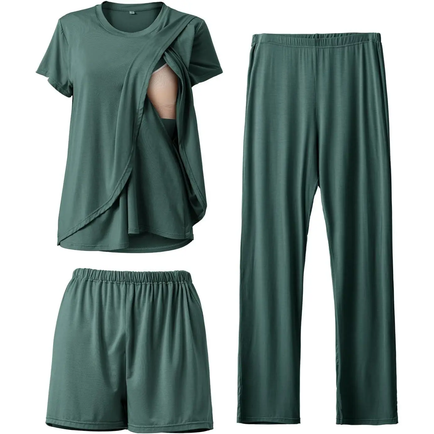 Women's 3-Piece Maternity Nursing Pajama Set - Soft Rayon-Elastane Christmas Print Short Sleeve Sleepwear with Adjustable Waist for Pregnancy, Breastfeeding, Postpartum Outfits