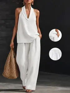 Womens Boho Two Piece Pants Set Halter Neck Sleeveless Crop Top and Wide Leg Pants Casual Chic Summer Vacation Beach Outfit Set for Women