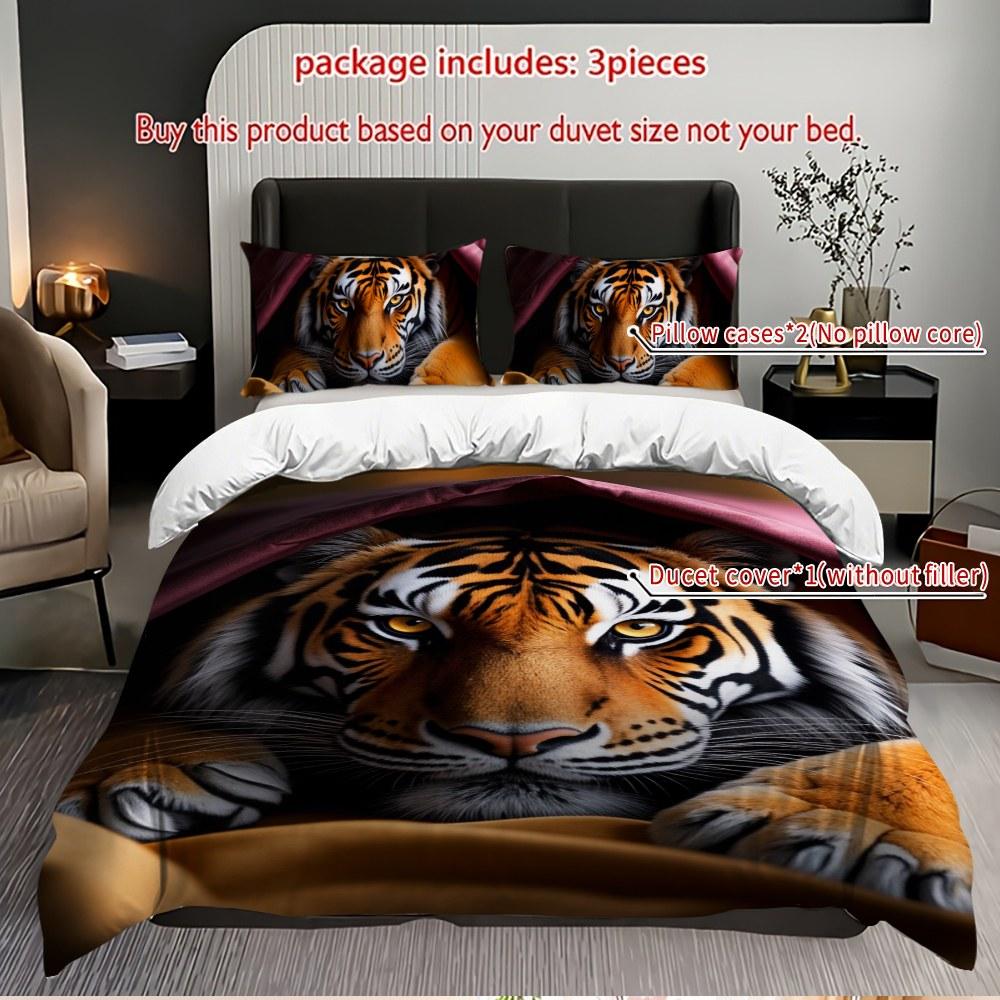 Bedding 3-piece set - 3PCS,orange and purple patterned tiger lying down comforter set (1 comforter cover + 2 pillowcases, filling not included). soft and comfortable, suitable for family bedrooms.