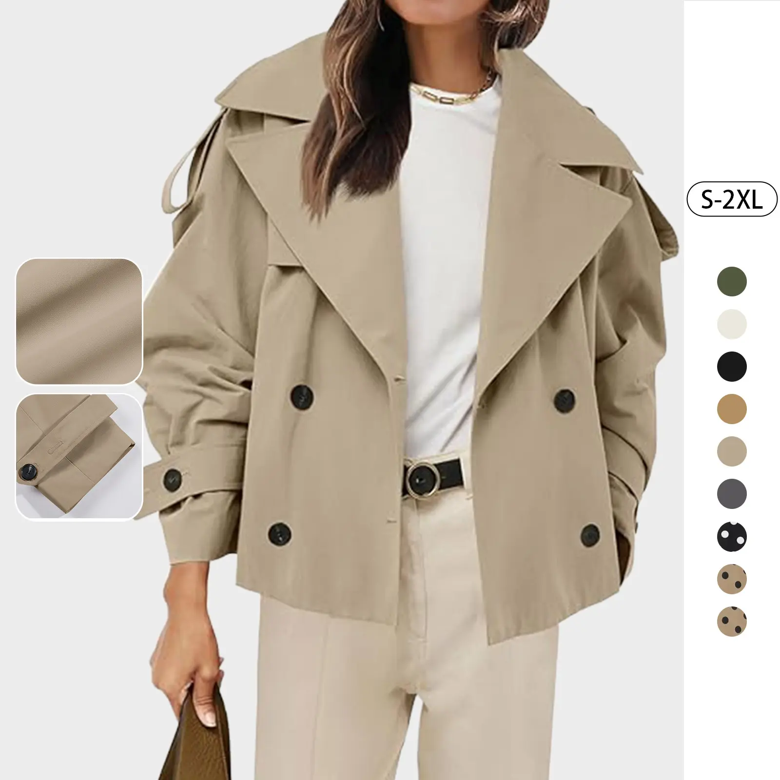 TANKANEO Womens Cropped Trench Double Breasted Short Jacket with Belt, Office, Work, Fall Fashion, Outerwear, Button Down