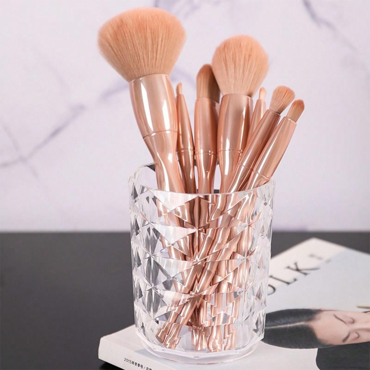 Drill Pattern Diamond Makeup Brush Storage Bucket Pen Holder, Transparent Multi-Functional Container for Eyeshadow Brushes & Water Cup, Desktop Storage Box, Makeup Cosmetic Organizer