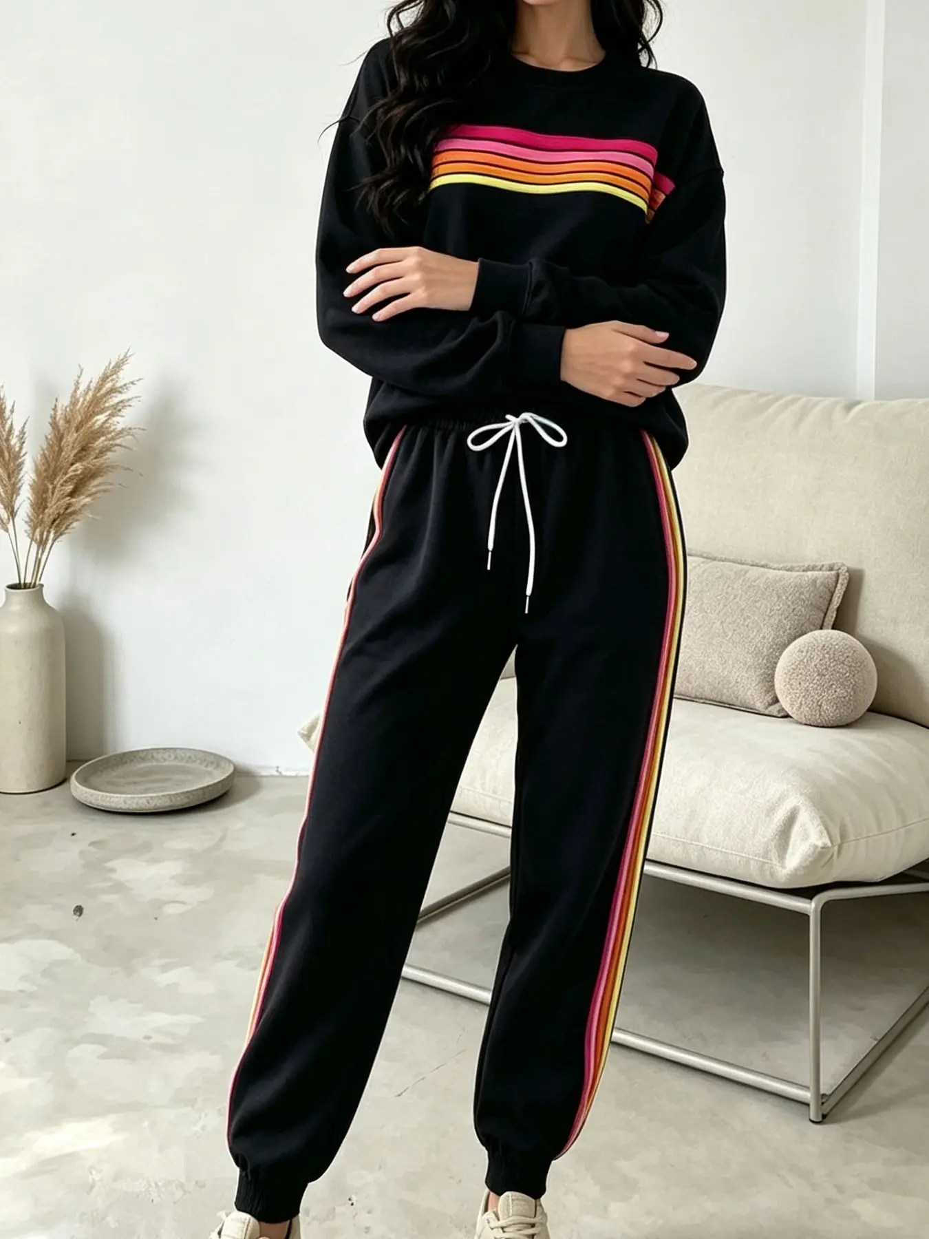 Two piece set of women's retro solid color hoodie sports suit, Athleisure tracksuit, loose and slimming rainbow stripe design, suitable for autumn and winter, light sports and fitness, campus, home