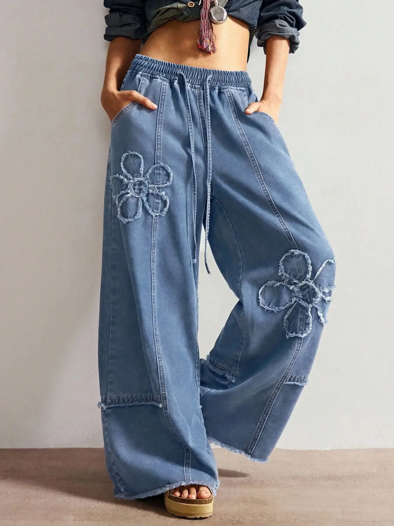 Plus Size Women's Floral Patchwork Wide Leg Jeans, Elastic Drawstring Waist, Vintage Washed Frayed Hem, Loose Fit, All Seasons