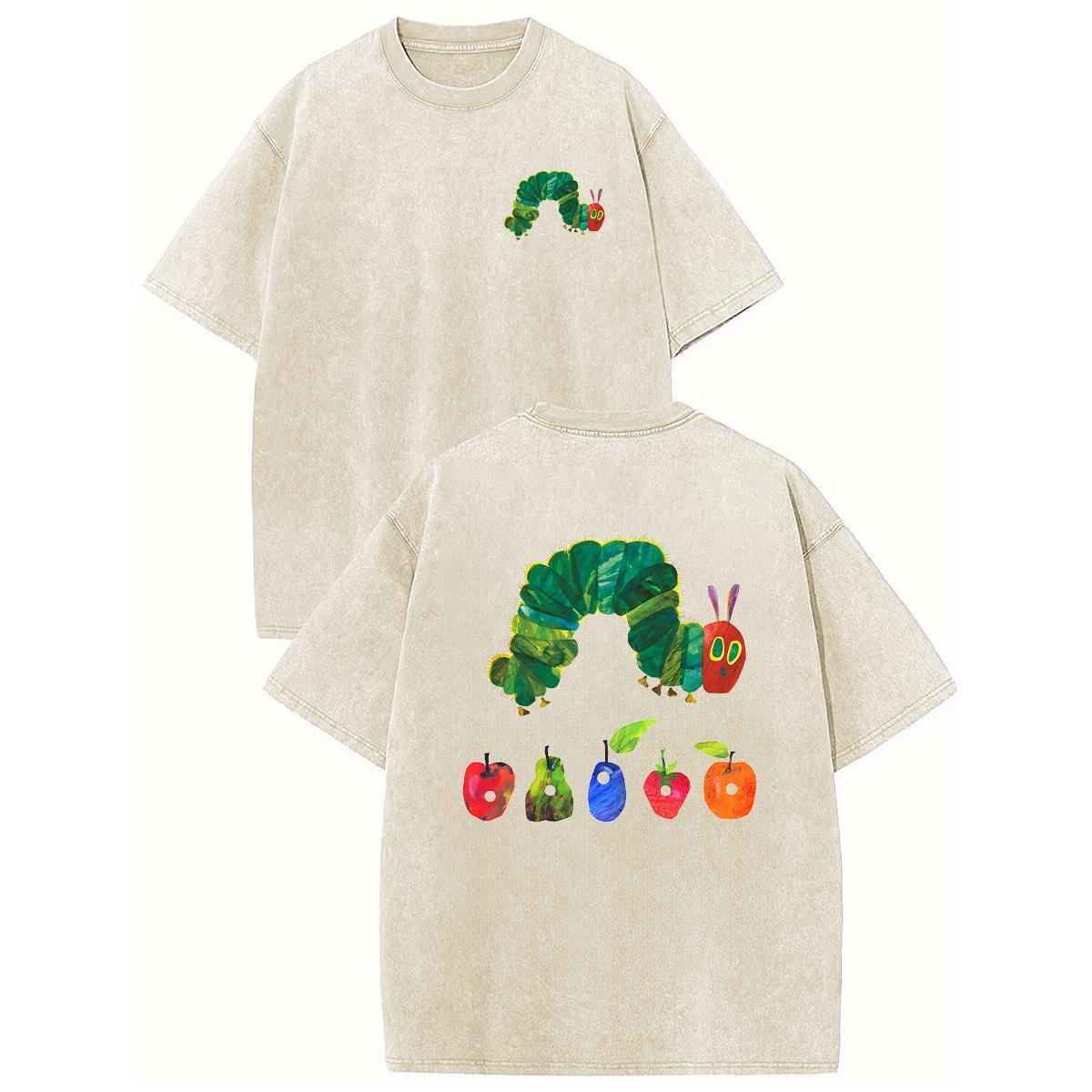Holafish Pure Cotton Crewneck Streetwear Acid Washed T-Shirt Retro Acid Wash "The Very Hungry Caterpillar" Dual Side Graphic Printed Unisex Fashion Tees summervibes Casual Top