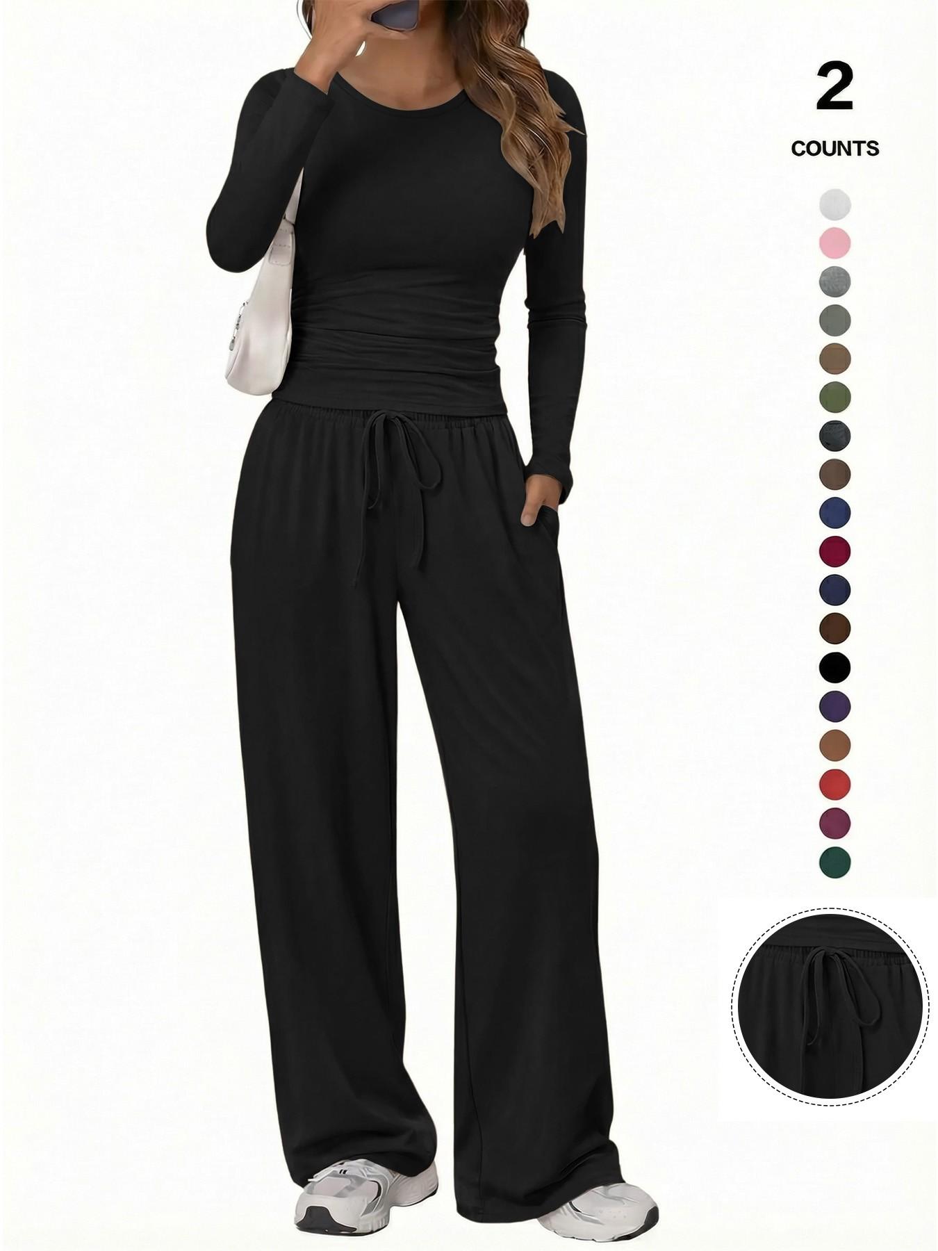 Women's Solid Ruched Drawstring Loungewear Set, Casual Long Sleeve Round Neck Top & Pocket Wide Leg Trousers, Ladies Sleepwear for All Seasons