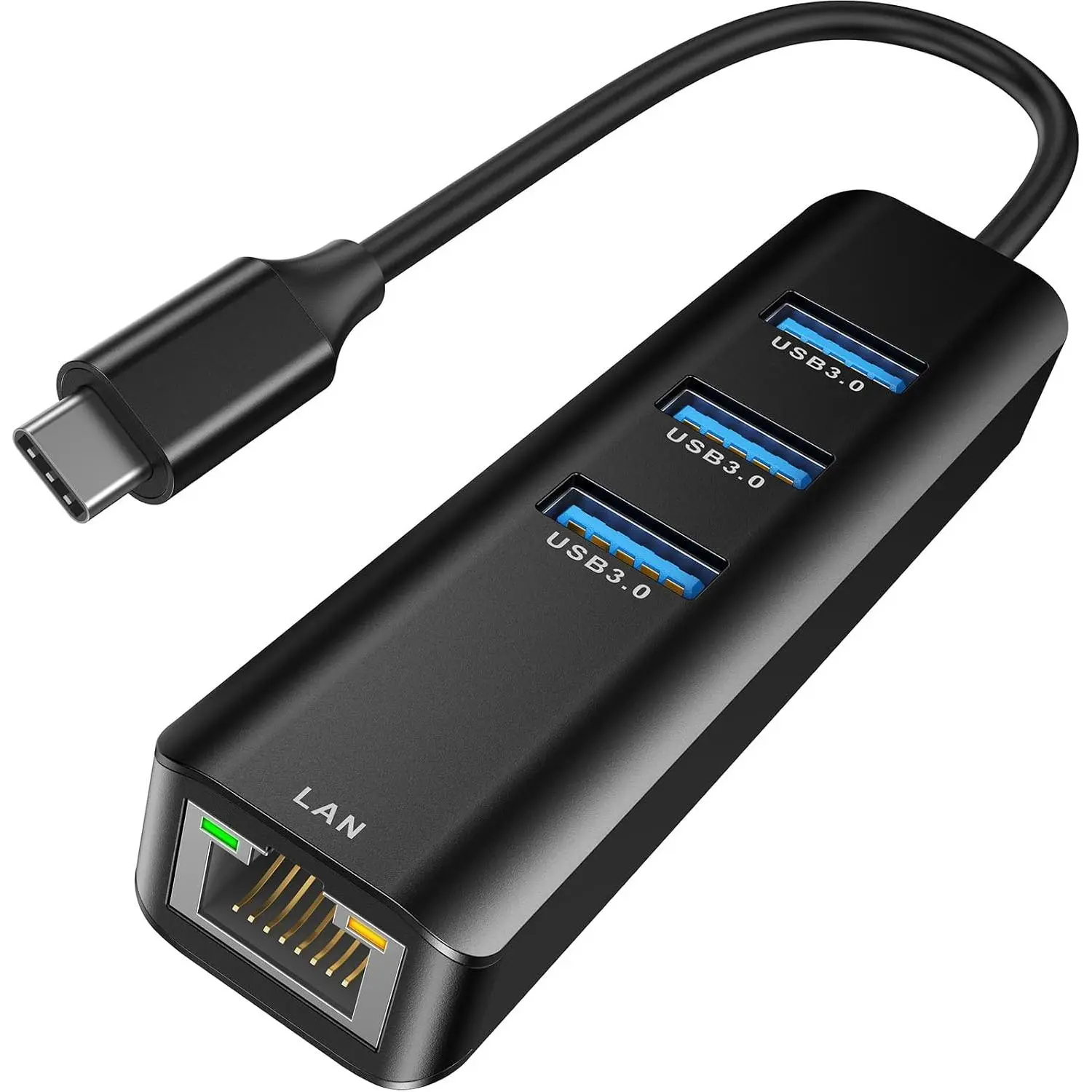 4-in-1 USB C to Gigabit Ethernet Adapter with 3 USB 3.0 Ports Black | Plug-and-play RJ45 network hub for MacBook Pro/Air, iPad Pro,  15/16, Chromebook, XPS and Surface