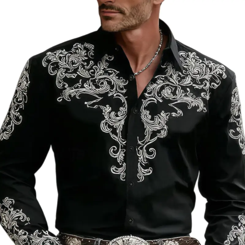 Men's Western Style Cowboy Shirt, All-Season Classic Paisley Print Ethnic Long Sleeve Casual Shirt
