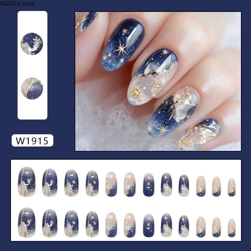Nail Art - Navy Blue Galaxy Star Glitter Press On Nails Long Almond 3D Celestial Glam Fake Nails Nail Art Accessory Women