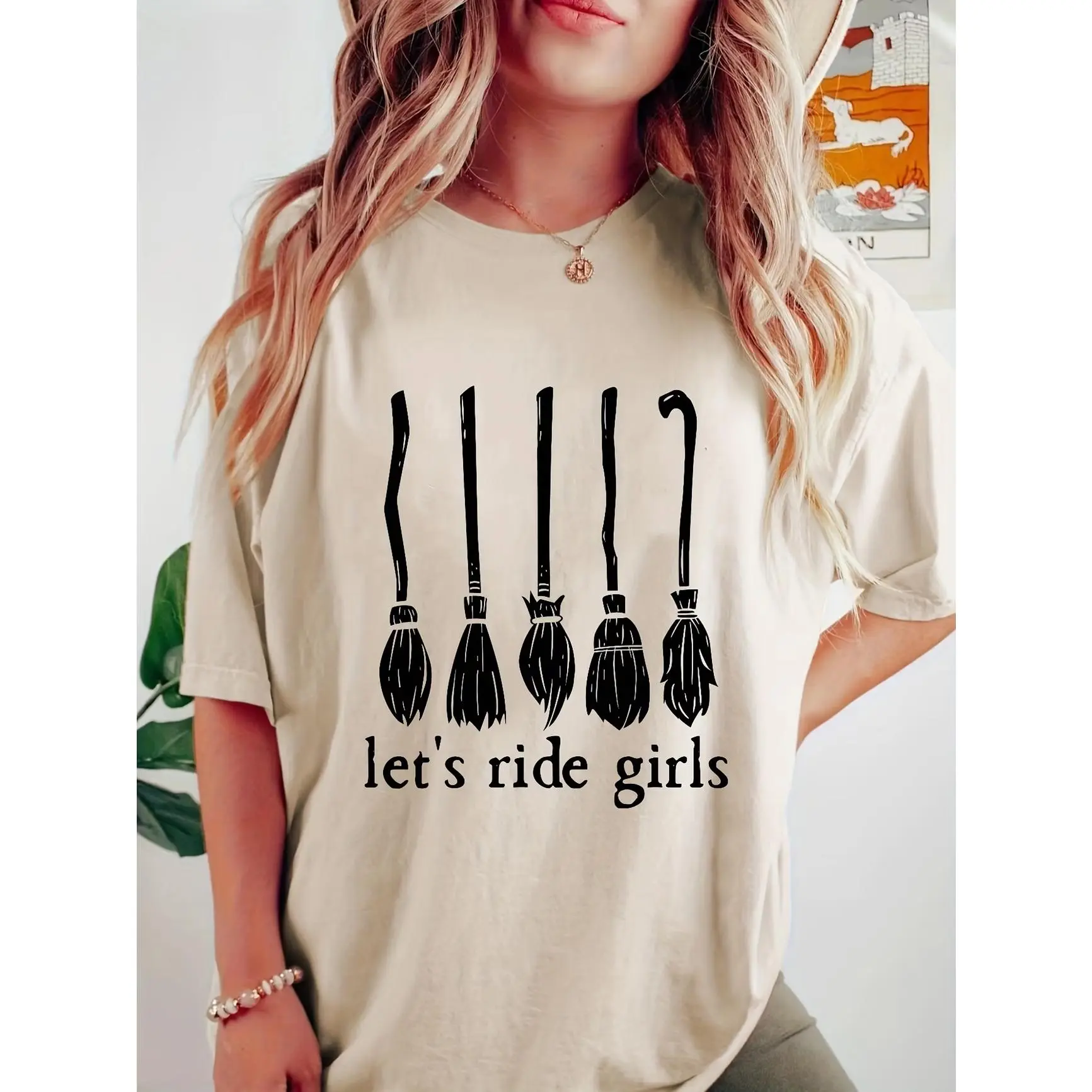 Let's Ride Girls Witch Broom Graphic T‑Shirt, Oversized Comfort Cotton Short Sleeve Top, Cute Halloween Printed Craft Tee, Witchy Spooky Fall Outfit, Charming Holiday Gift For Her Him, Wonderful Present For Girl Friends & Family