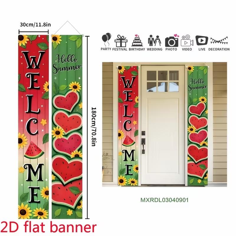 Welcome Hello Summer Porch Banners Set, Watermelon Sunflower Vertical Door Signs, Summer Farmhouse Garden Decor, Festival Decorations