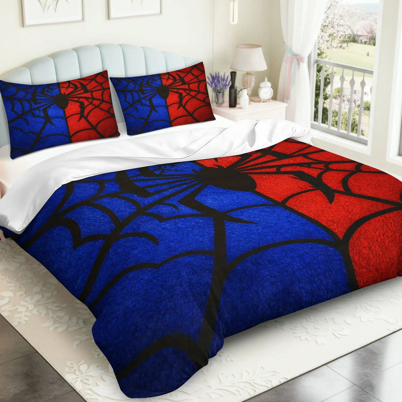 3-Piece Halloween Bedding Set - OEKO-TEX Certified, Soft Microfiber Fabric, 1 Duvet Cover + 2 Pillowcases (No Filling), Black Fitted Sheet, Red & Blue Web Pattern, for Bedroom Use, Room Decor, Multi-Size teen various style floral print duvet cover set lin