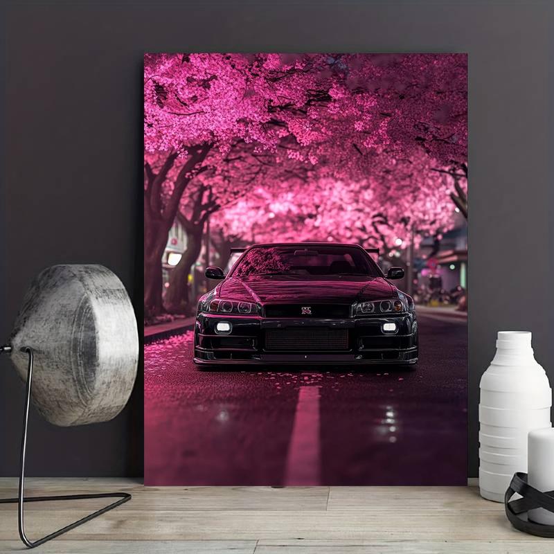 frameless canvas art print posters, Art Work For Wall Decor, realistic vehicle art, classic Japanese sports car R34 Under Cherry Blossoms, perfect gift for JDM vintage car enthusiasts, ideal gift for bedroom, living room,dormitory hallway, wall decoration