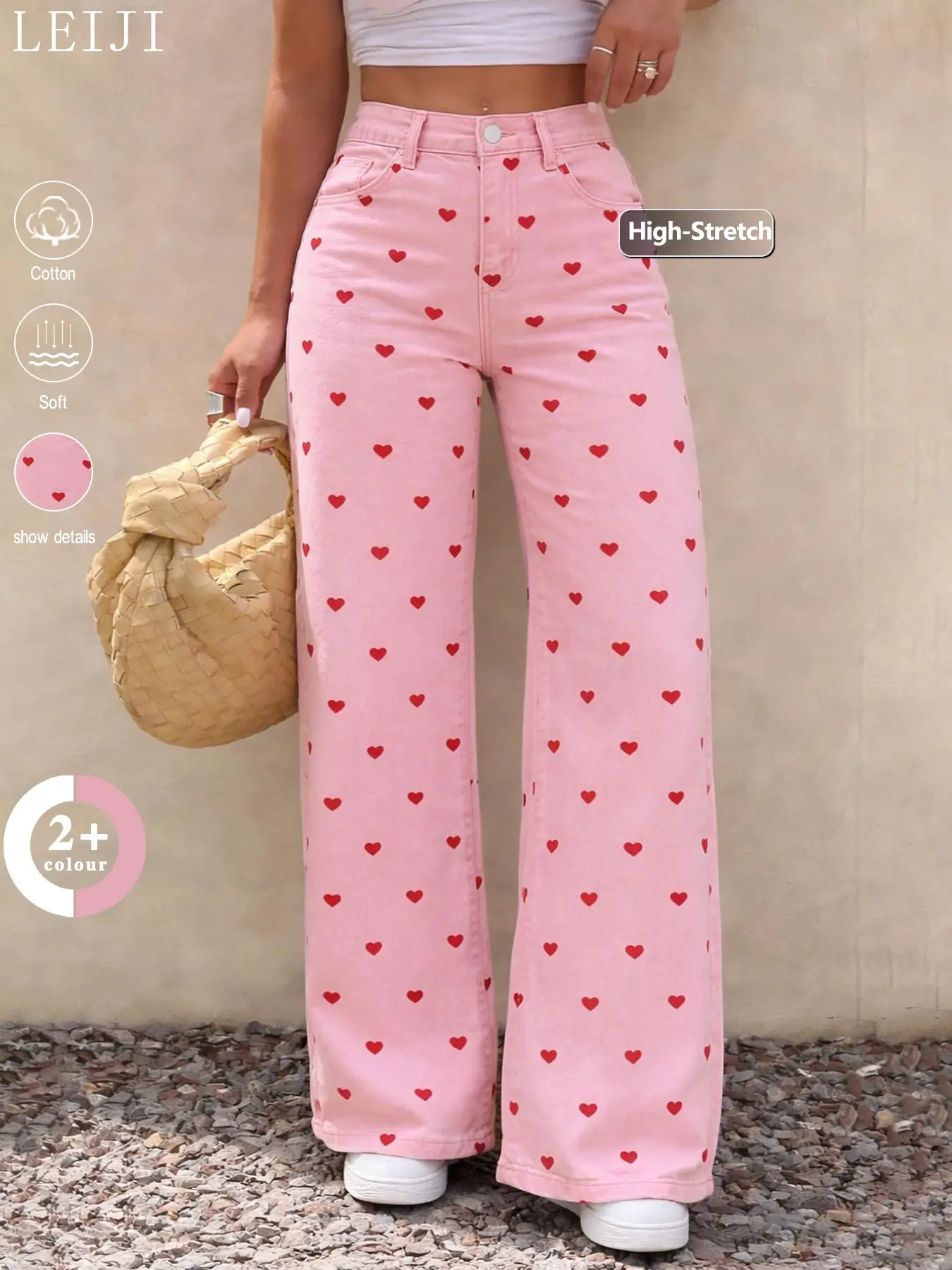 Spring/Summer Women's Elastic High-Waisted Wide Leg Baggy Bottom Jeans, Pink Heart Print, Casual Loose Fit Denim Pants for Commute, Daily Wear & Vacation