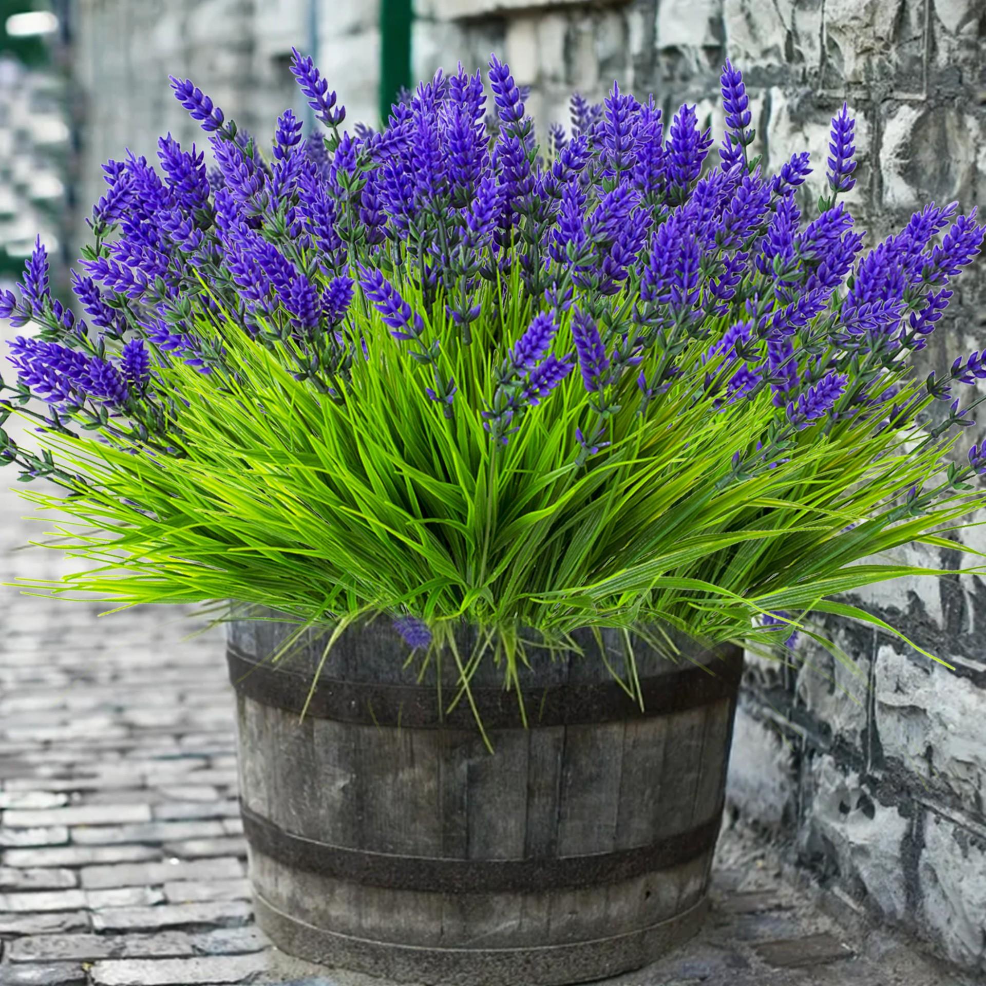 24 Bundles Artificial Lavender Flowers Outdoor UV Resistant Fake Lavender Plants, Faux Flower Decoration, Faux Plastic Greenery for Indoor Outdoor Home Porch Balcony Garden Decor