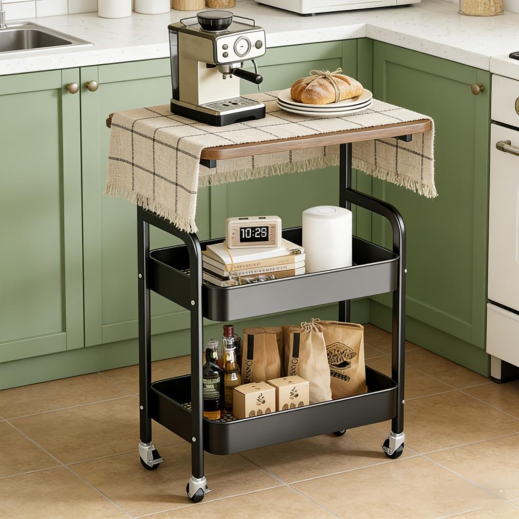 Three-Tier Rolling Cart with Desktop, Storage Shelf, Metal Frame, Portable Wheels, Durable Carbon Steel, Home or Office Use