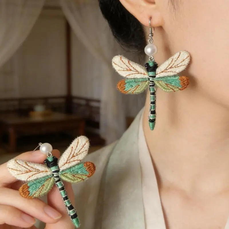 Women's Handmade Embroidered Dragonfly Dangle Earrings - Boho Chic Outfits, Wedding Party Gift, Cottagecore Forest Nature Jewelry, Pearl Accent, Silk Thread, Green Cream, Lightweight Fit, Dragonfly Motif