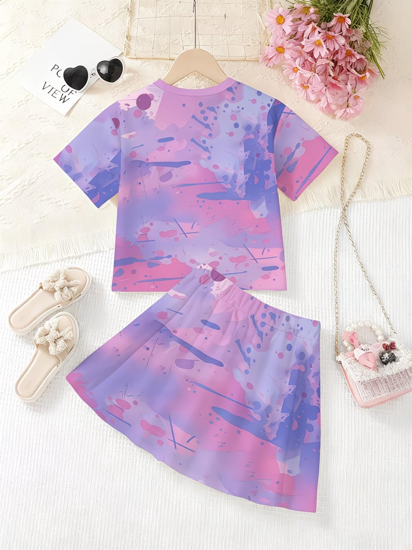 Girls' 3D Cartoon Print Top and Skirt Set, Summer Casual Slim-Fit, Round Neck Short Sleeve, Daily Wear for Kids
